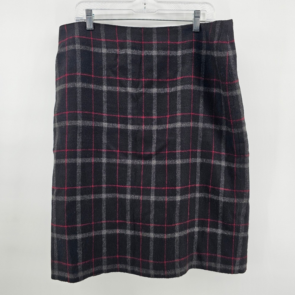 Talbots Pencil Skirt Womens 16 Black Pink Plaid Wool Blend Lined Back Vent